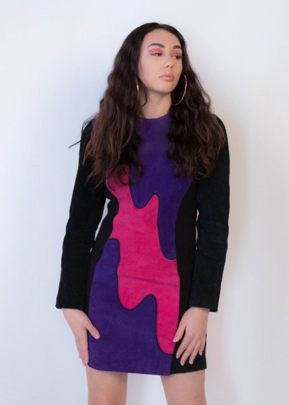 80s Abstract Suede Leather Dress size M - image 7