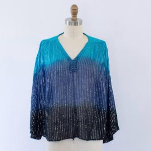 70s Metallic Gauzy Boho Ombre Top, Vintage Cotton Gauzy Sheer Bohemian Top (XS-M)