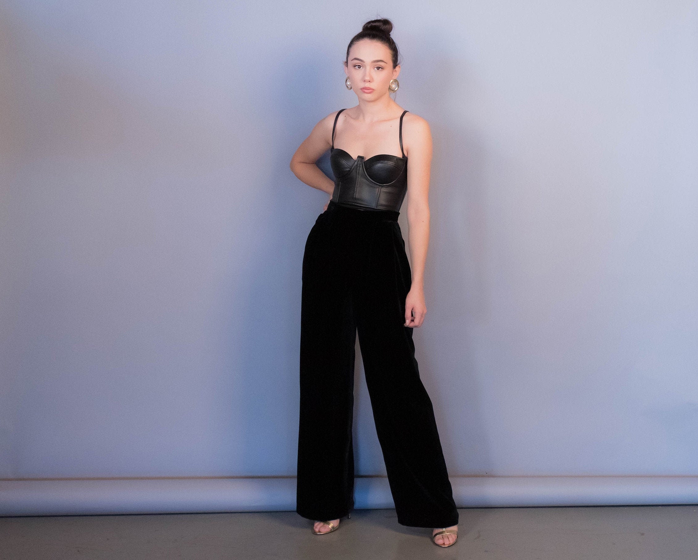 High waisted Black Velvet Wide leg Pants Size S 25w Etsy UK