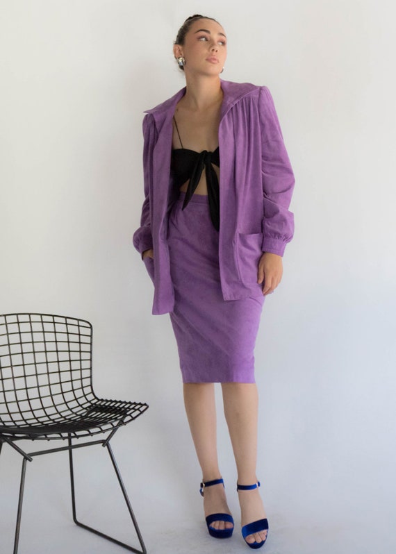 70s Faux Suede Lavender Skirt Suit size S - image 7