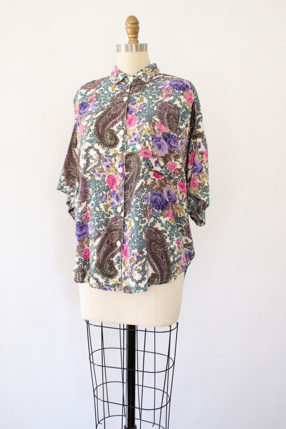 80s Paisley Floral Blouse, Vintage Cottagecore Ov… - image 7