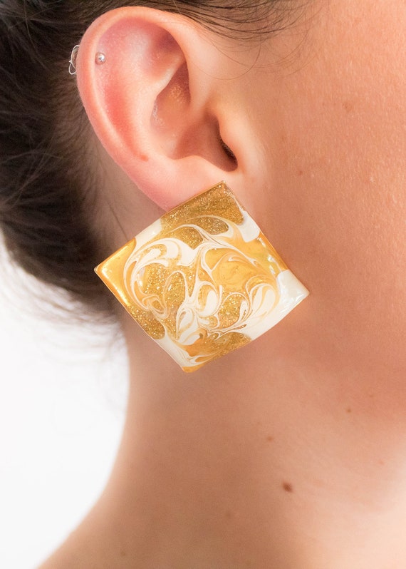 Geometric Sculptural Square Enamel Abstract Earri… - image 2