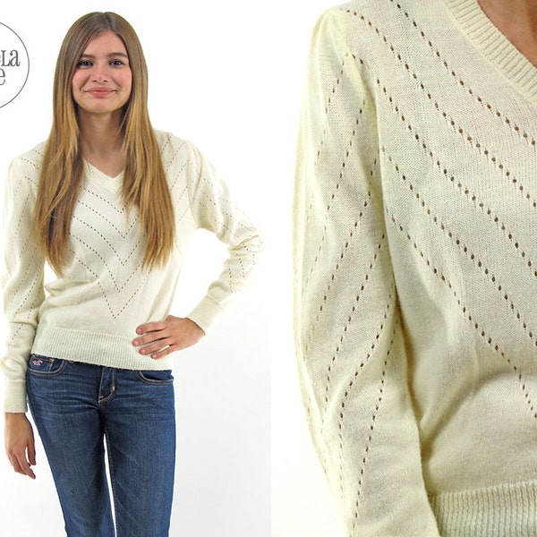 80er Jahre Creme Chevron Pointelle Pullover ΔΔ ausgestattet-Creme-Pullover mit V-Ausschnitt ΔΔ Md / Lg