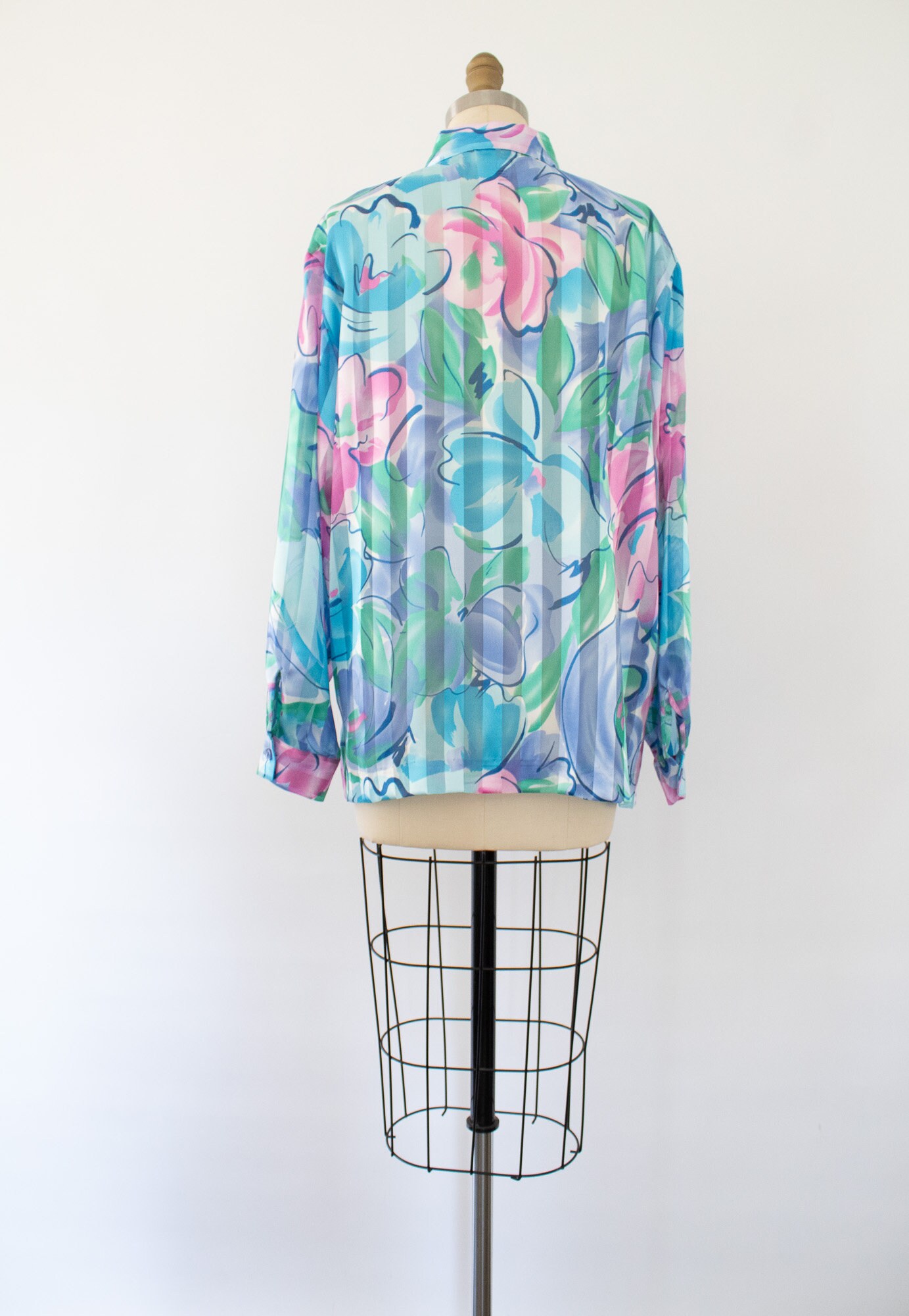 80s Floral Jacquard Blouse, Vintage Sheer Striped Floral Top (XS-M