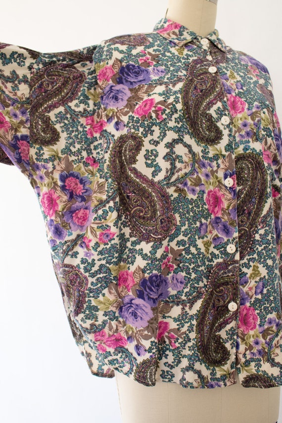 80s Paisley Floral Blouse, Vintage Cottagecore Ov… - image 6