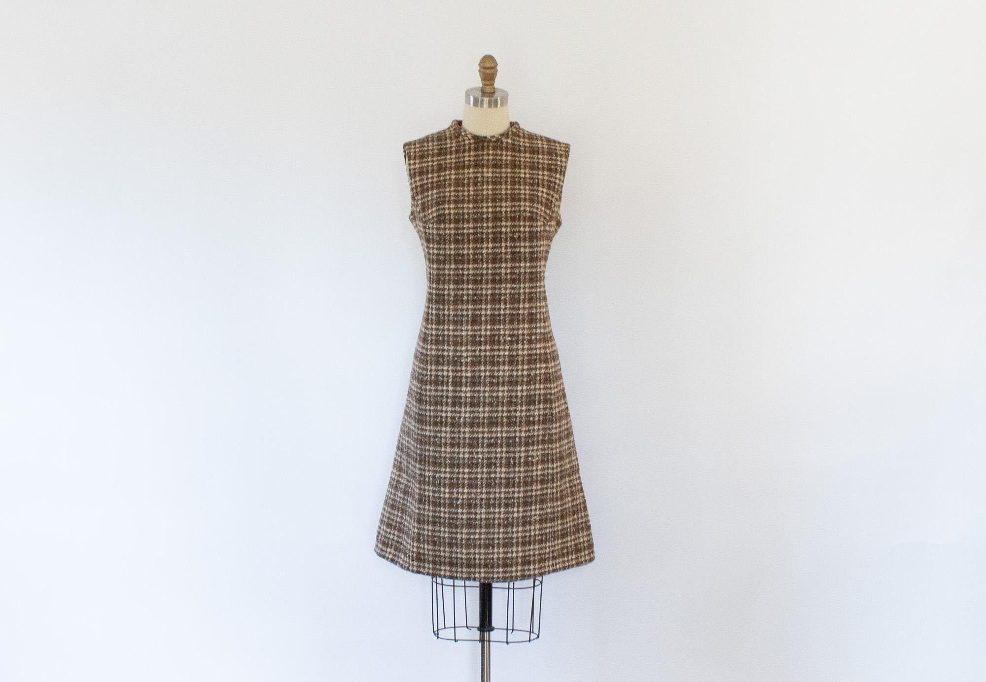 60s Pendleton Plaid Wool Shift Dress, Vintage Woven A-line Dress 