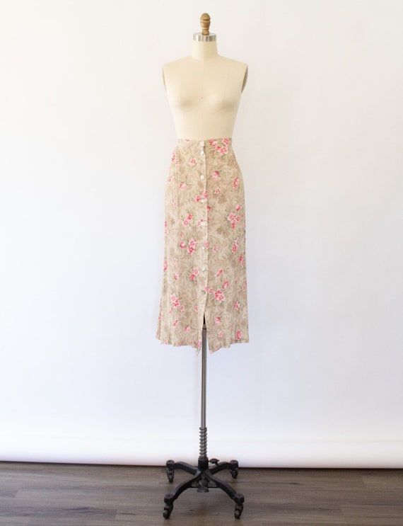 90s Crinkled Floral Skirt, Vintage Midi Floral Ski