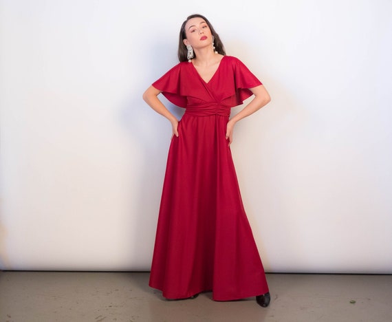 Vintage 70s Cape Sleeve Maxi Dress Size S M Etsy Canada