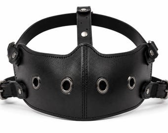 Masque en cuir noir fait main, masque facial en cuir pleine fleur véritable, masque gothique pour cosplay, masque de costume en cuir ajustable