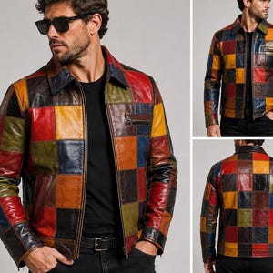 May include: A multi-coloured patchwork leather jacket featuring a grid of square panels in shades of red, yellow, blue, green, and brown. The jacket has a classic collar, a front zip closure, and a zipped chest pocket on the left side.