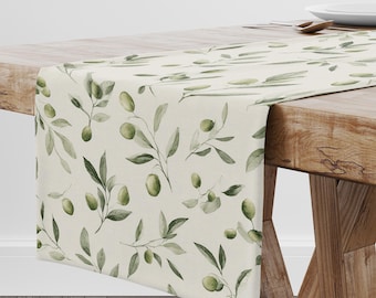 Camino de mesa de ramas de olivo verde para su mesa de cena de primavera, decoración de Pascua o mesa de verano en sarga de algodón o poliéster.