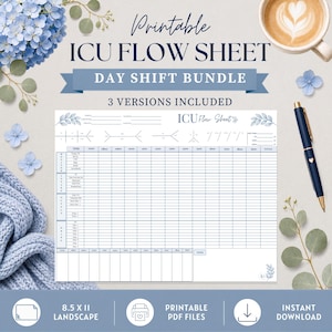 May include: A printable ICU flow sheet day shift bundle document featuring a grid for patient monitoring, intake, output, and drips. The document includes the text ICU FLOW SHEET and 3 VERSIONS INCLUDED, with a blue pen and blue flowers.