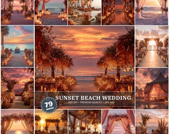 Sunset Beach Wedding Digital Backdrop for Romantic Photo Editing, Ocean Ceremony Scene with Golden Sky, Photoshop Wedding Background