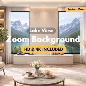 Fondo de oficina moderno con zoom 4K HD, vista al lago, descarga instantánea.