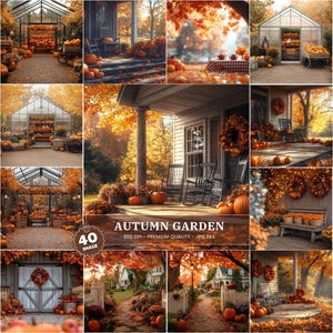 May include: A collage of autumn-themed images featuring pumpkins, fall foliage, and cozy outdoor settings. Scenes include a greenhouse, porches with rocking chairs, and decorative wreaths. The text "AUTUMN GARDEN" is visible.