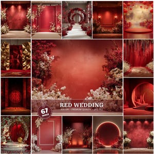 May include: A collage of red wedding backdrops. The images feature floral arrangements, arches, and stage settings. The text "RED WEDDING" is displayed with details about the image quality.
