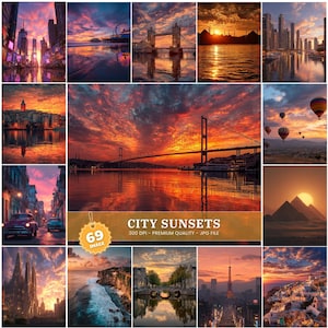 May include: A collection of 69 digital images showcasing city sunsets. The images feature iconic landmarks and cityscapes, including bridges, skyscrapers, and historical sites, all bathed in the warm hues of sunset. The images are high-quality JPG files.