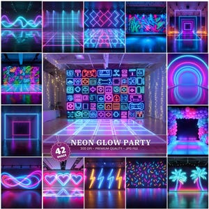 May include: A collage of 12 images featuring neon light designs. The images showcase various neon light installations, including geometric shapes, waves, and text, in vibrant colors like blue, pink, and purple. The text "NEON GLOW PARTY" is visible.