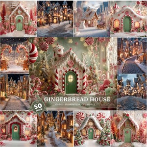 Puede incluir: Un collage de casas de jengibre festivas y escenas invernales. Las casas están decoradas con bastones de caramelo, mentas y otros dulces. Se muestra el texto "GINGERBREAD HOUSE". Imágenes JPG de alta calidad.