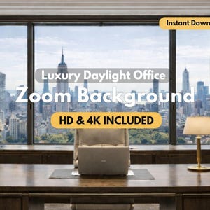 May include: A luxury office Zoom background with a cityscape view. The image shows a large wooden desk with a laptop, a beige office chair, and a lamp. The background includes a view of a city skyline. Text on the image says "Luxury Daylight Office Zoom Background HD & 4K Included".