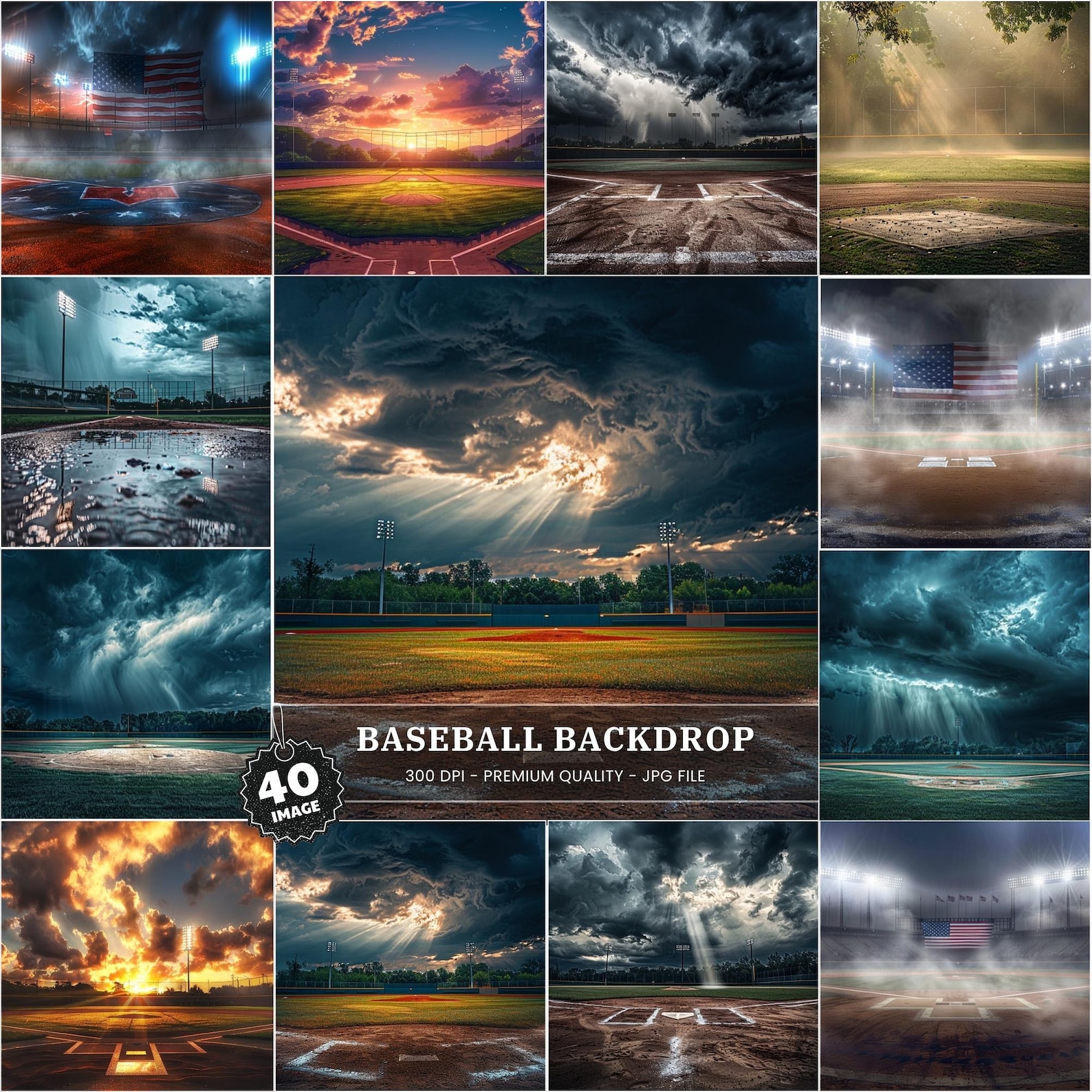 Baseball Field Digital Backdrop With Stadium Lights Scene - Etsy