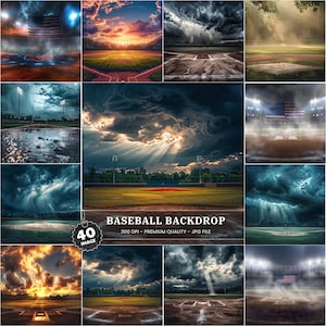 May include: A collage of baseball-themed digital backdrops. The images feature baseball fields under various weather conditions, including stormy skies, sunsets, and dramatic lighting. The text "BASEBALL BACKDROP" is visible, along with "40 IMAGE" and other details.