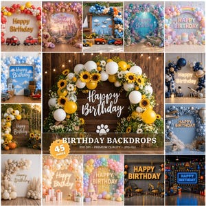 Puede incluir: Una colección de fondos digitales de cumpleaños con varios temas, incluyendo girasoles, globos, espacio y escenas submarinas. Cada imagen muestra el texto Happy Birthday en diferentes fuentes y estilos, diseñado para decoración de fiestas.
