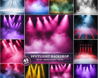 Può includere: Una collezione di 45 sfondi per riflettori in vari colori, tra cui blu, rosso, giallo e viola. Ogni sfondo presenta l'illuminazione del palco con fasci di luce ed effetti fumo. Il testo "SPOTLIGHT BACKDROP" è visibile.