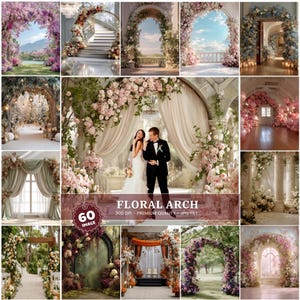 Puede incluir: Una colección de 16 imágenes que muestran arcos florales, ideales para bodas y eventos. Los arcos están adornados con diversas flores y vegetación, creando entornos románticos y elegantes. Las imágenes incluyen una novia y un novio, y el texto "FLORAL ARCH".