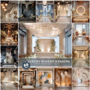 May include: A collage of images showcasing luxury modern wedding venue designs. The images feature various interior designs with floral arrangements, lighting, and architectural details. The text "LUXURY MODERN WEDDING" is visible, along with "88 IMAGE" and "300 DPI - PREMIUM QUALITY - JPG FILE."