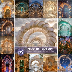 Op de afbeelding: Een collage van afbeeldingen met verschillende bogen en decoratieve structuren. De ontwerpen omvatten bloemstukken, spiegeltunnels en abstracte vormen, allemaal met een romantisch en fantasierijk thema. De tekst "ROMANTIC FANTASY" is zichtbaar.