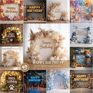Puede incluir: Una colección de fondos con temática de cumpleaños. Las imágenes presentan arcos de globos, arreglos florales y vehículos de construcción. Las palabras "Happy Birthday" se muestran de forma destacada en varios estilos y entornos.