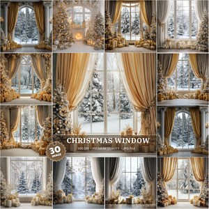 May include: A collection of digital images featuring Christmas window scenes. Each image showcases a window with gold curtains, a decorated Christmas tree, and a snowy outdoor view. Presents are placed near the window, creating a festive holiday theme.
