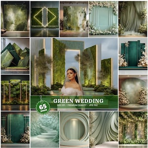 May include: A collage of green wedding backdrops and scenes. The images feature various designs, including geometric shapes, floral arrangements, and textured walls. The text "GREEN WEDDING" is displayed prominently, along with other details.