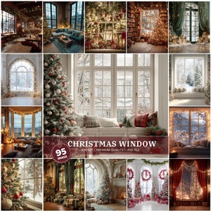 May include: A collage of Christmas-themed images featuring decorated Christmas trees, cozy window seats, and festive interior scenes. The images showcase holiday decorations, including ornaments, lights, and gifts, creating a warm and inviting atmosphere.