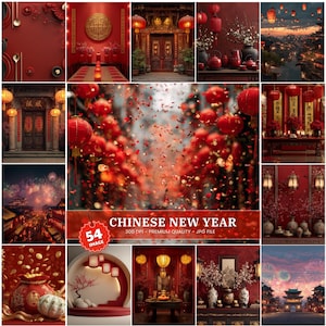 Puede incluir: Un collage de imágenes con temática roja, celebrando el Año Nuevo Chino. Las imágenes incluyen linternas, arquitectura tradicional y decoraciones festivas. El texto "CHINESE NEW YEAR" se muestra en una pancarta roja.