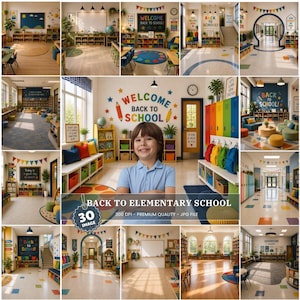 May include: A collage of elementary school classroom and hallway interiors featuring colourful lockers, educational wall decor with the text Welcome Back To School, student desks, bookshelves, and a central portrait of a smiling child.