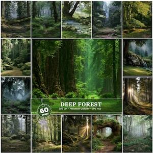 Può includere: Una collezione digitale di 60 immagini di foreste ad alta risoluzione che presenta diverse scene boschive, inclusi sentieri muschiosi, imponenti sequoie, radure soleggiate, ruscelli rocciosi e boschetti nebbiosi, etichettata con il testo DEEP FOREST 300 DPI.