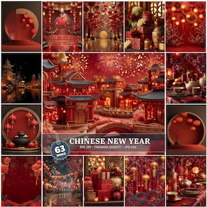 May include: A collection of images with a Chinese New Year theme. The images showcase red lanterns, traditional architecture, and festive decorations. The text "CHINESE NEW YEAR" is displayed on a tag.