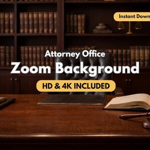 May include: A digital background for a solicitor's office, featuring a dark wood desk with a gavel, open book, and stacked notebooks. The background includes a leather chair and a bookshelf filled with books. Text reads "Attorney Office Zoom Background" and "HD & 4K INCLUDED".