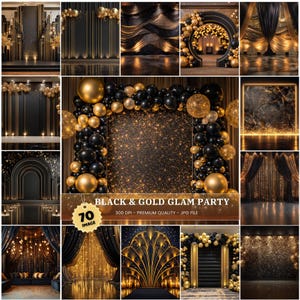 May include: A collection of 70 images featuring black and gold party decorations. The images showcase various backdrops with balloons, curtains, and architectural elements. The text in the image reads "BLACK & GOLD GLAM PARTY".