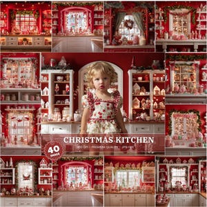 May include: A festive Christmas kitchen scene with red walls, white cabinets, and shelves filled with holiday decorations. A young child in a cherry-print dress stands in front of the kitchen. The image includes the text "CHRISTMAS KITCHEN".