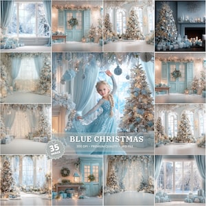 May include: A collage of images with a winter wonderland theme. The images feature Christmas trees, windows, and doors decorated in shades of blue and white. The text "BLUE CHRISTMAS" is displayed in the center.