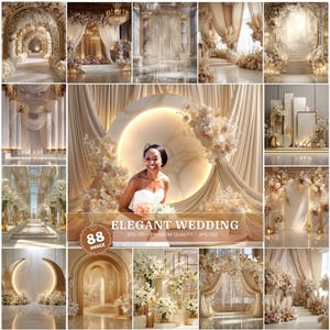 May include: A collage of elegant wedding scenes, featuring floral arrangements, draped fabrics, and architectural elements. The images showcase various settings, including arches, stages, and backdrops, all in a soft, neutral color palette. The text "Elegant Wedding" is visible.