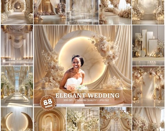 Elegante fondo digital para boda con cortinas florales (descarga digital)