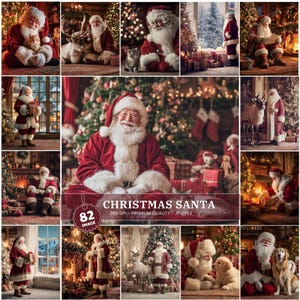 May include: A collection of images showing Father Christmas in different festive settings. He is wearing a red suit with a white beard, often with presents, animals, or near a Christmas tree. The images have a warm, celebratory atmosphere.