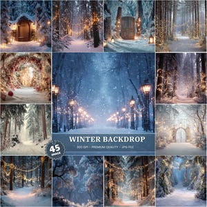 Puede incluir: Un collage de imágenes con temática invernal. Las imágenes representan bosques nevados, senderos y arcos, algunos adornados con luces de cadena y faroles. Se muestra el texto "WINTER BACKDROP", junto con "45 IMAGE" y otros detalles.