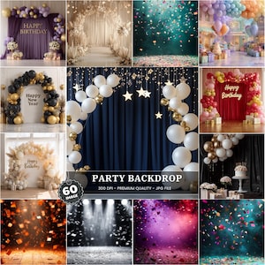 Pode incluir: Uma colagem de fundos de festa com balões, cortinas e confetes. Os fundos incluem o texto "Happy Birthday" e "Happy New Year". A imagem também inclui o texto "Party Backdrop" e "60 Image".