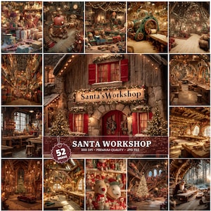 Puede incluir: Un collage de imágenes que representan el taller de Santa Claus. La imagen central muestra un edificio rústico con un letrero que dice "Santa's Workshop". Otras imágenes muestran elfos, juguetes e interiores de talleres, todos iluminados con una luz cálida y acogedora.