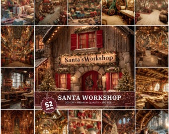 Puede incluir: Un collage de imágenes que representan el taller de Santa Claus. La imagen central muestra un edificio rústico con un letrero que dice "Santa's Workshop". Otras imágenes muestran elfos, juguetes e interiores de talleres, todos iluminados con una luz cálida y acogedora.